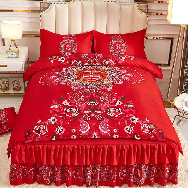 Four Sets of Big Red Bed Skirts Set Double Anti-skid Bed Single Bed Cover Wedding Bed Supplies
