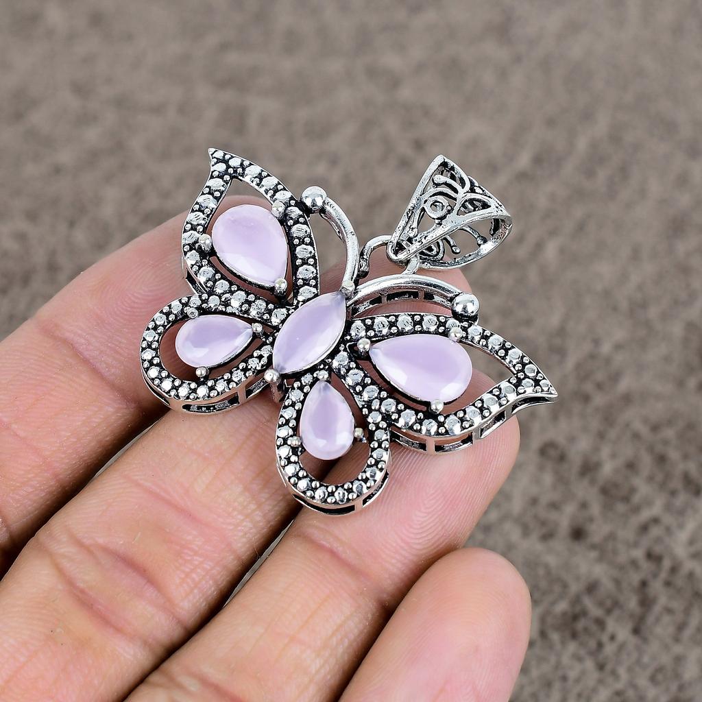 Pink Chalcedony Gemstone Handmade 925 Sterling Silver Jewelry Pendant 1.65" KKG-89