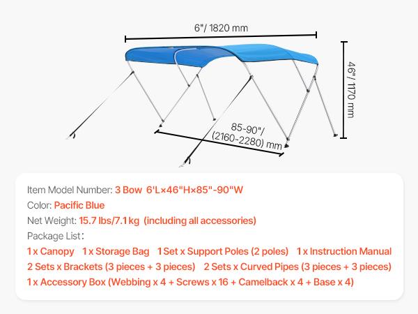 SucceBuy 3 Bow Boat Bimini Tops 600D Polyester Canopy with Aluminum Alloy Frame Waterproof Sun Shade Awning Canopy Fit for Boat