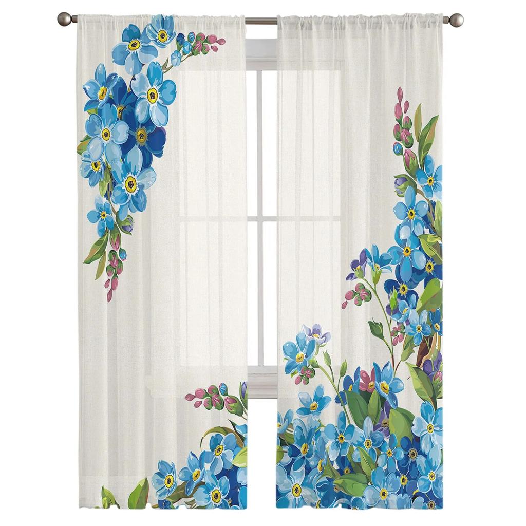 Blue Watercolor Flowers Sheer Curtains For Living Room Bedroom Tulle Curtain For Kitchen Voile Curtain Blind Panels