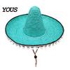 Outdoor Travel Hat Mexican Sombrero with Colorful Poms, Hawaiian Style Woven Straw Sun Hat, Wide Brim Lightweight Festival Party Costume