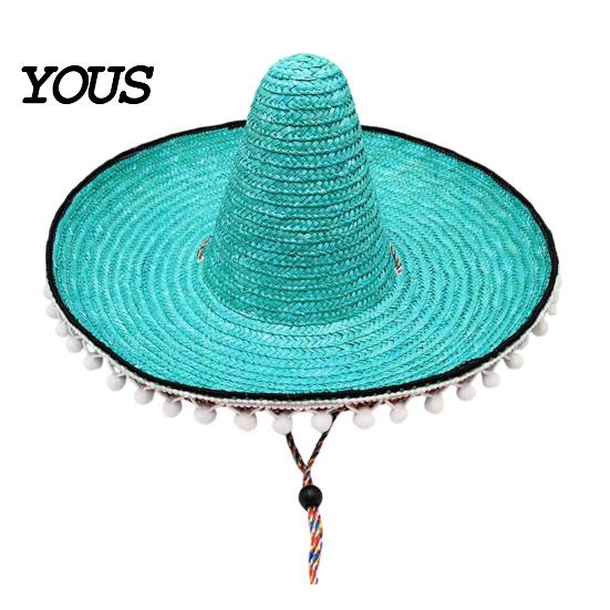 Outdoor Travel Hat Mexican Sombrero with Colorful Poms, Hawaiian Style Woven Straw Sun Hat, Wide Brim Lightweight Festival Party Costume