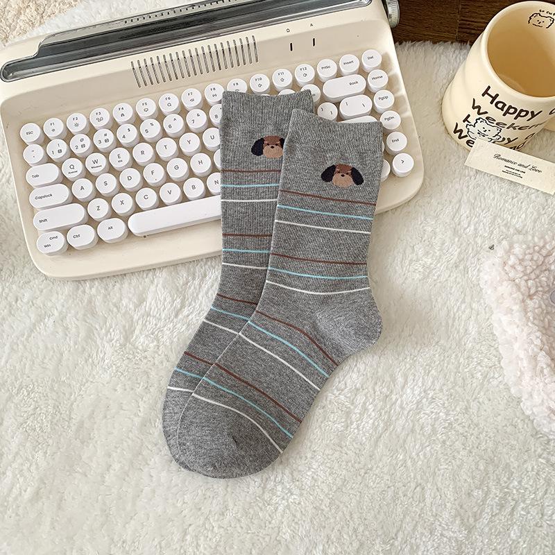 Female Spring and Autumn Spell Color Cartoon Cute Dachshund Dog Polka Dot Striped College Wind Cylinder Pile Socks