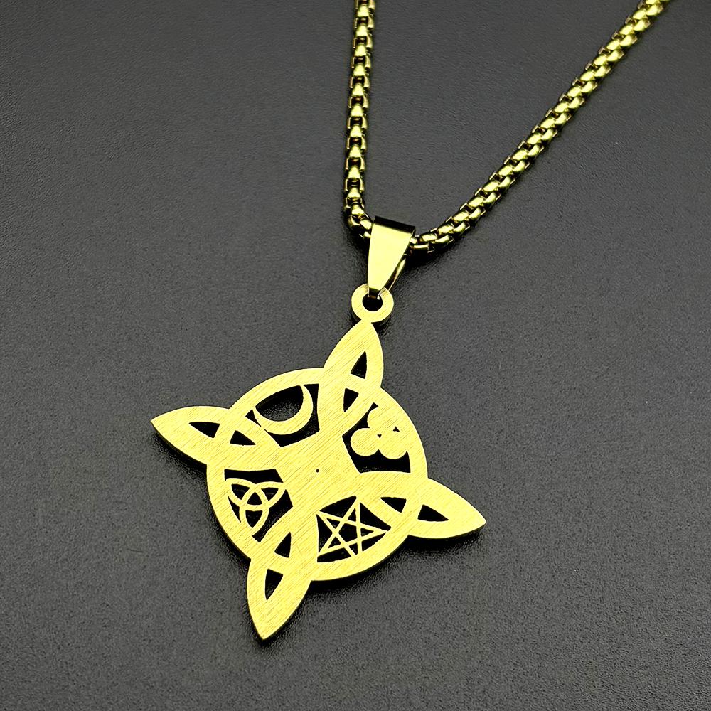 Collana Wicca Strega Nodo Celtico Pentagramma Sole Luna per Donne Uomini Acciaio Inossidabile Strass Amuleti Stregoneria Gioielli a Catena