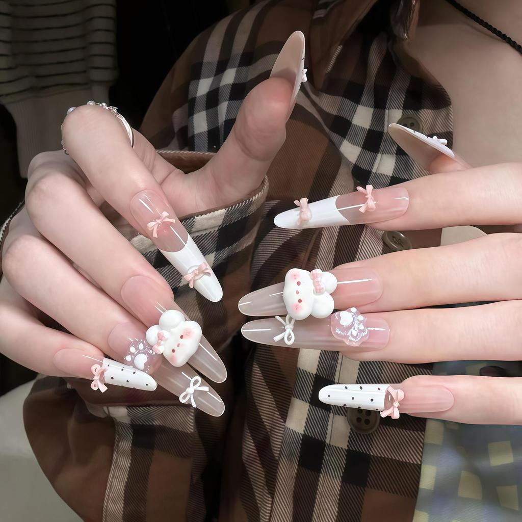 Korean Style Nude Pink 3D Bow False Nails - Milky White Translucent Base for Daily Wear