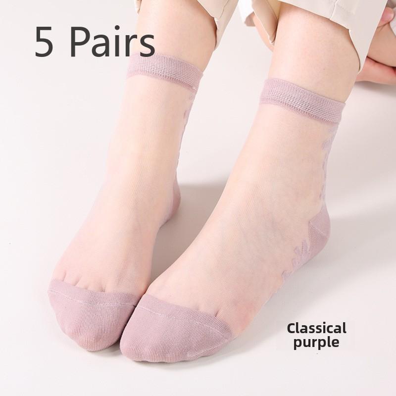 

5 пар весенне-летних модных дышащих японских повседневных стеклянных чулок из кристального шелка для женщин средней длины 5 Pairs фиолетовый