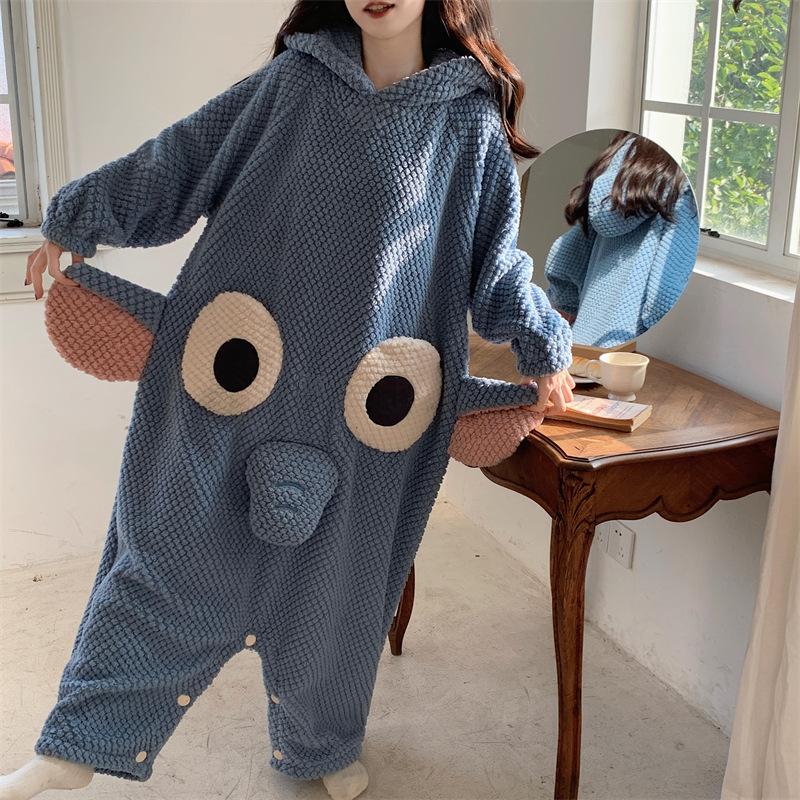 Women's Sweet and Cute Cartoon Pajamas Hooded One-piece Pajamas Loose Casual Coral Fleece Pajamas Flannel Home Clothes