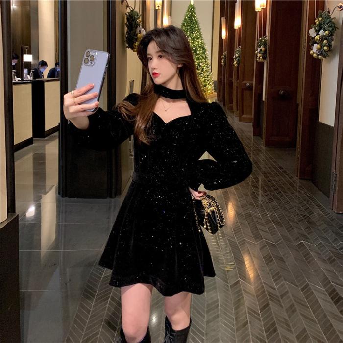Christmas red fashion versatile neck velvet dress autumn and winter new temperament small design short skirt women