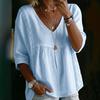 Women Solid Cotton Linen Blouse, Lace Trim V Neck 3/4 Sleeve Loose Pleated Hem Pullover Shirt, Casual Relaxed Fit Top for Daily Outfits