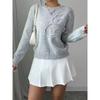 Women's Crew Neck Long Sleeve Knit Sweater Loose Fit Elegant 3D Floral Hook Embroidery Solid Pullover Blouse