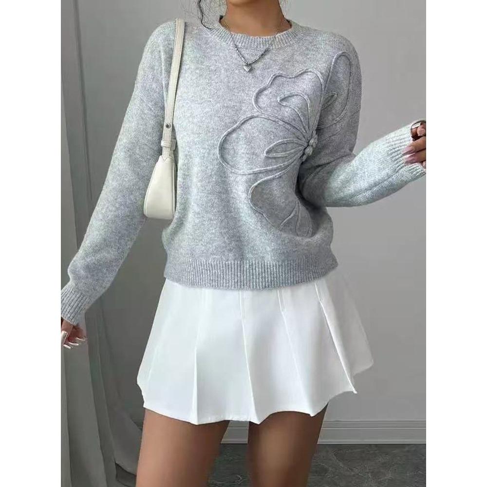 Women's Crew Neck Long Sleeve Knit Sweater Loose Fit Elegant 3D Floral Hook Embroidery Solid Pullover Blouse
