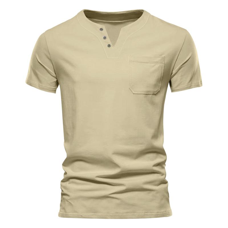 Summer Men's Thin V-Neck Solid Color Casual Breathable Short Sleeve T-Shirt With Pocket