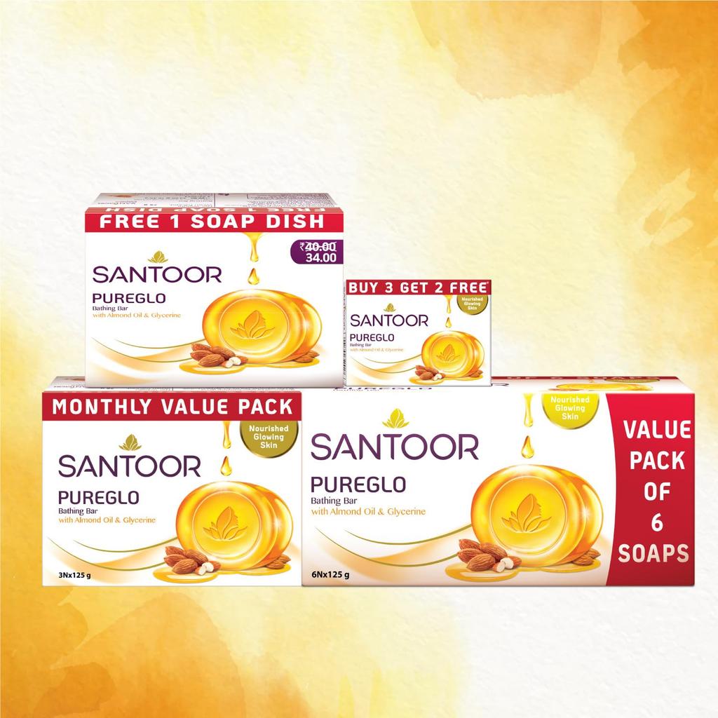 Santoor PureGlo Glycerine Soap with Almond Oil Pack of 1 Refreshing Daily Moisturizing Body Cleansing Bar( 125g X 6N )900g