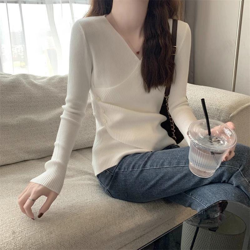 Women's Low-Cut Base Top Spring Autumn High-End Knitwear Sweater Tight-Fitting Blouse