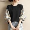 Women Print Splice 3/4 Sleeve Loose Casual O-neck Blouse