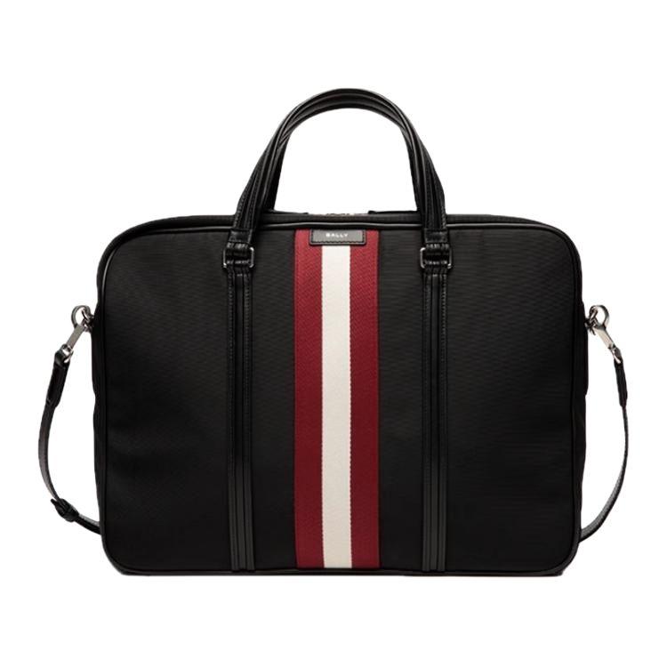 Bally Striped Decorative Zipper Closure Fabric And Leather Briefcase Large Men Briefcase Black 6308533