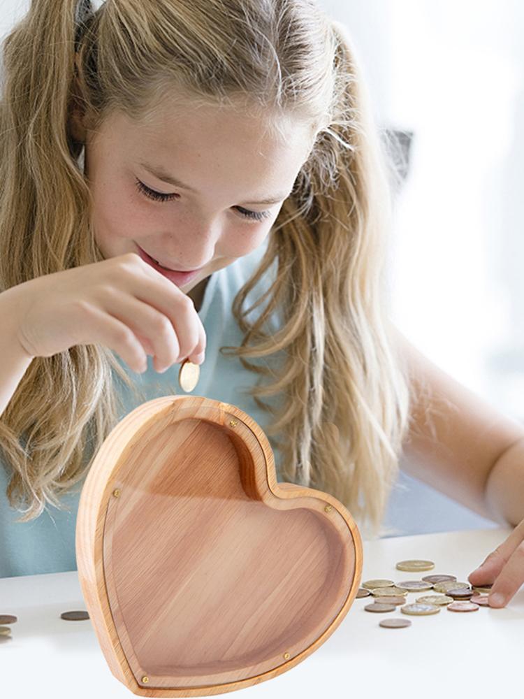 Wooden Piggy Bank Heart Shaped Coin Bank Clear Love Piggy Bank Desktop Money Pot for Boys Girls Birthday Gift