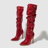 Fashion Patent Leather Women Knee High Boots Sexy Pointed Toe Thin Heels Zipper Ladies Long Female Shoes Zapatos Mujer