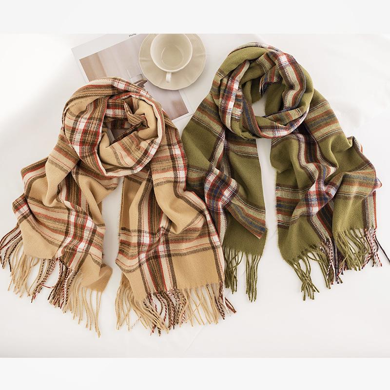 New Korean Style Winter Imitation Cashmere Green Retro Plaid Scarf for Women Japanese Tassel Shawl Warm Scarf