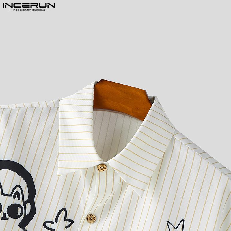 INCERUN Luźne Męskie Koszule Casual z Kołnierzykiem, Krótkim Rękawem i Paskami z Kreskówkowym Wzorem