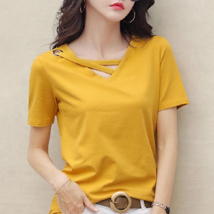 

Women s Summer V-Neck Loose White T-Shirt, Korean Style, Plus Size Trendy Top M жовтий