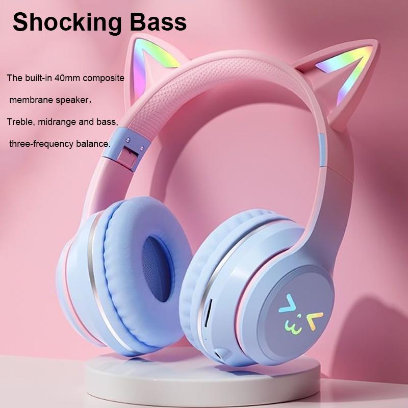 LED Flash Light Bluetooth Headphones Cute Cat Ears Wireless Earphone with Mic Kids Girls Stereo Cool RGB Headsets Bluetooth 5.1