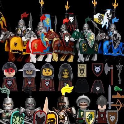 MOC Medieval Knight Castle Figures Building Blocks Weapon Wolf Swordsmen Guard Bow Arrow Shield Flags Warhorse Toys Gifts S002