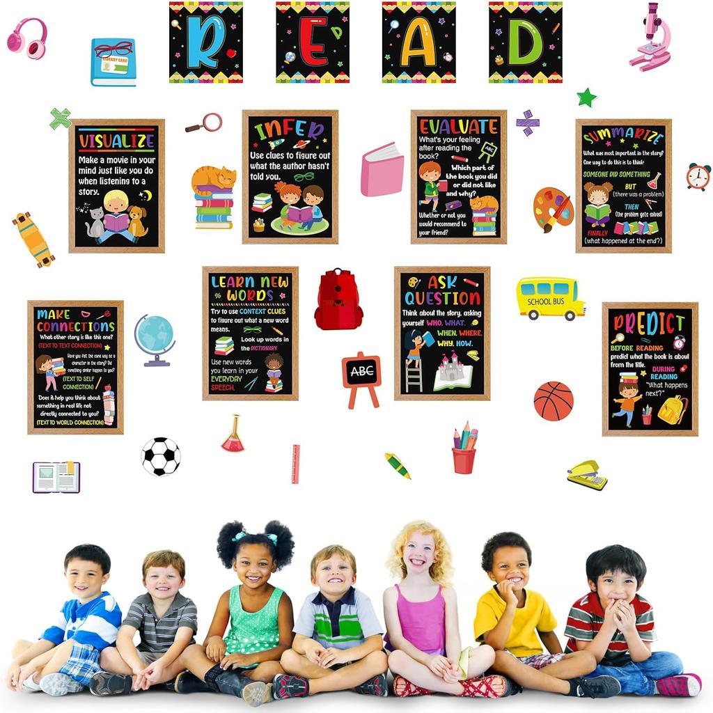 BelleAngle 36pcs Reading Strategy Posters Classroom Decorations Educational Reading Bulletin Board Set for Kindergarten PreSchool Daycare Library