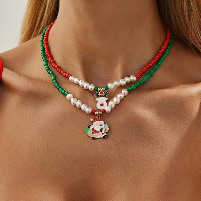 Christmas Imitation Pearl Beaded Collarbone Necklace, Festive Style Stacked With Santa Claus Elk Necklace