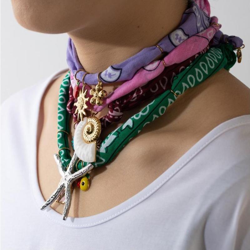 Fashion Popular Handmade Fabric Silk Necklace Ocean Style Scarf Necklace Stainless Steel Conch Starfish Pendant Necklace Gift