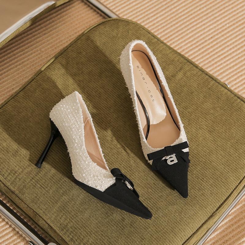 

8858 [Discontinued] High heels women s thin heels 2025 new pointed head color matching small fragrant bow single shoes 39