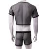 Men Sexy Crop Tops Transparent Fishnet Boxers Set Mesh Lingerie Man T-Shirt Hollow Out Net Clubwear Silvery Shine