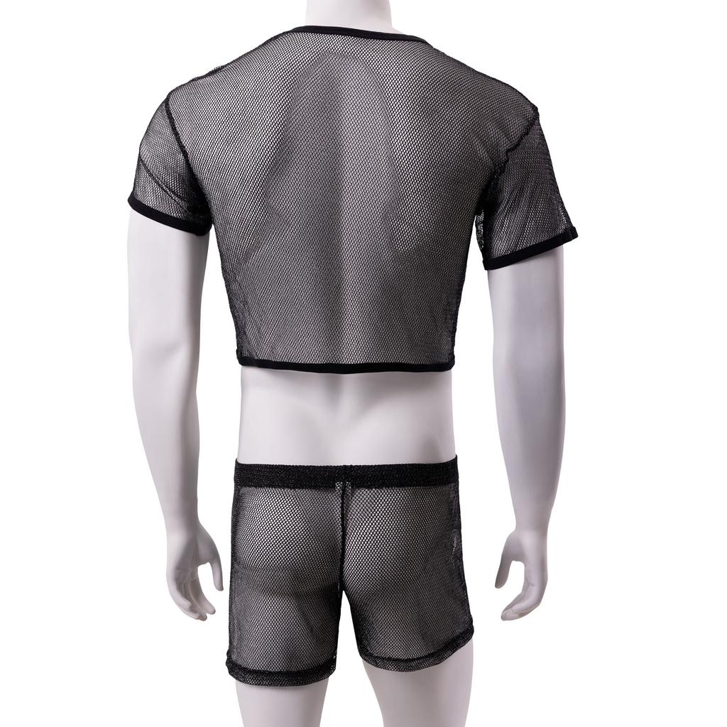 Men Sexy Crop Tops Transparent Fishnet Boxers Set Mesh Lingerie Man T-Shirt Hollow Out Net Clubwear Silvery Shine