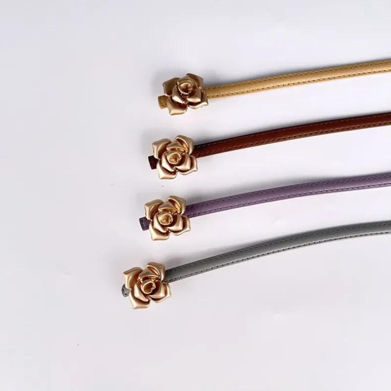1.0cm New Unique Rose Genuine Leather Gold Belt Women Fashion Cowskin Flower Thin Belts Female Jeans Dress Waistband
