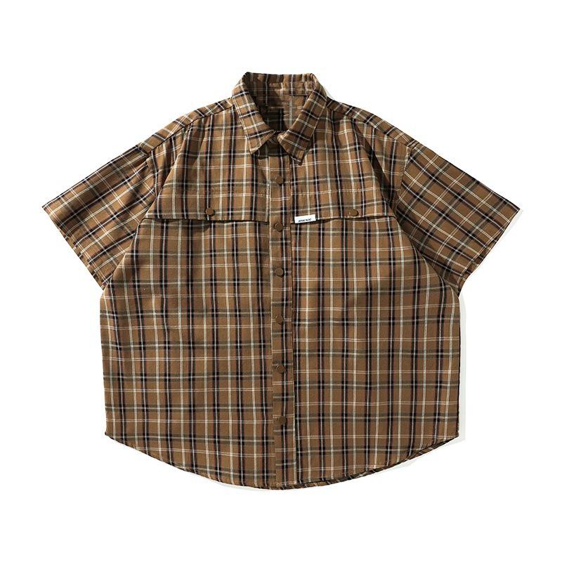 Men's Classic Japanese Retro Plaid Shirt - Short Sleeve, Loose Fit, Casual Summer Jacket.