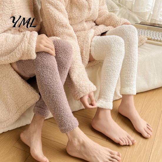 Elastic Thermal Leggings for Home Coral Fleece Leg Warmers Women, Thickened Winter Knee High Indoor Cold Weather Socks, Striped/Solid Color,