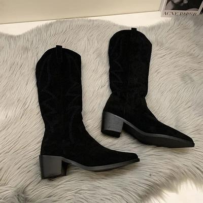 Nya Dam Cowgirl Stövlar Mode Slip On Damer Eleganta Fyrkantiga Låg Klack Knähöga Stövlar Skor Damvinterskor