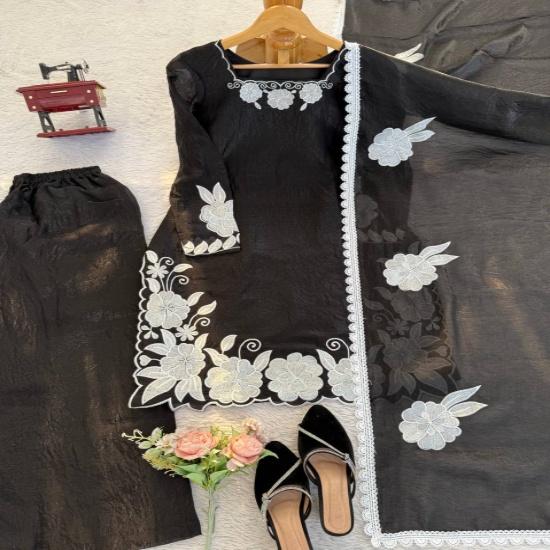 Black Frendy Silk Floral Embroidered Palazzo Suit with Dupatta Set