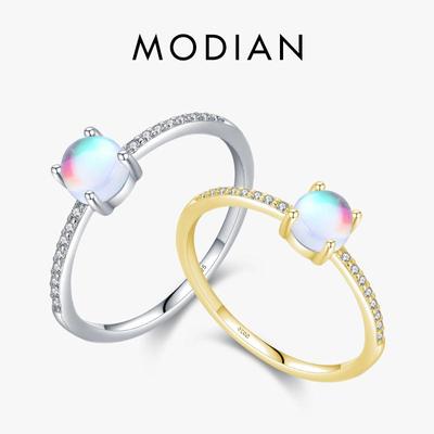 MODIAN 925 Sterling Silver Simple Trendy Round Moonstone Finger Ring 14K Gold Plated Fine Jewelry For Women Gifts