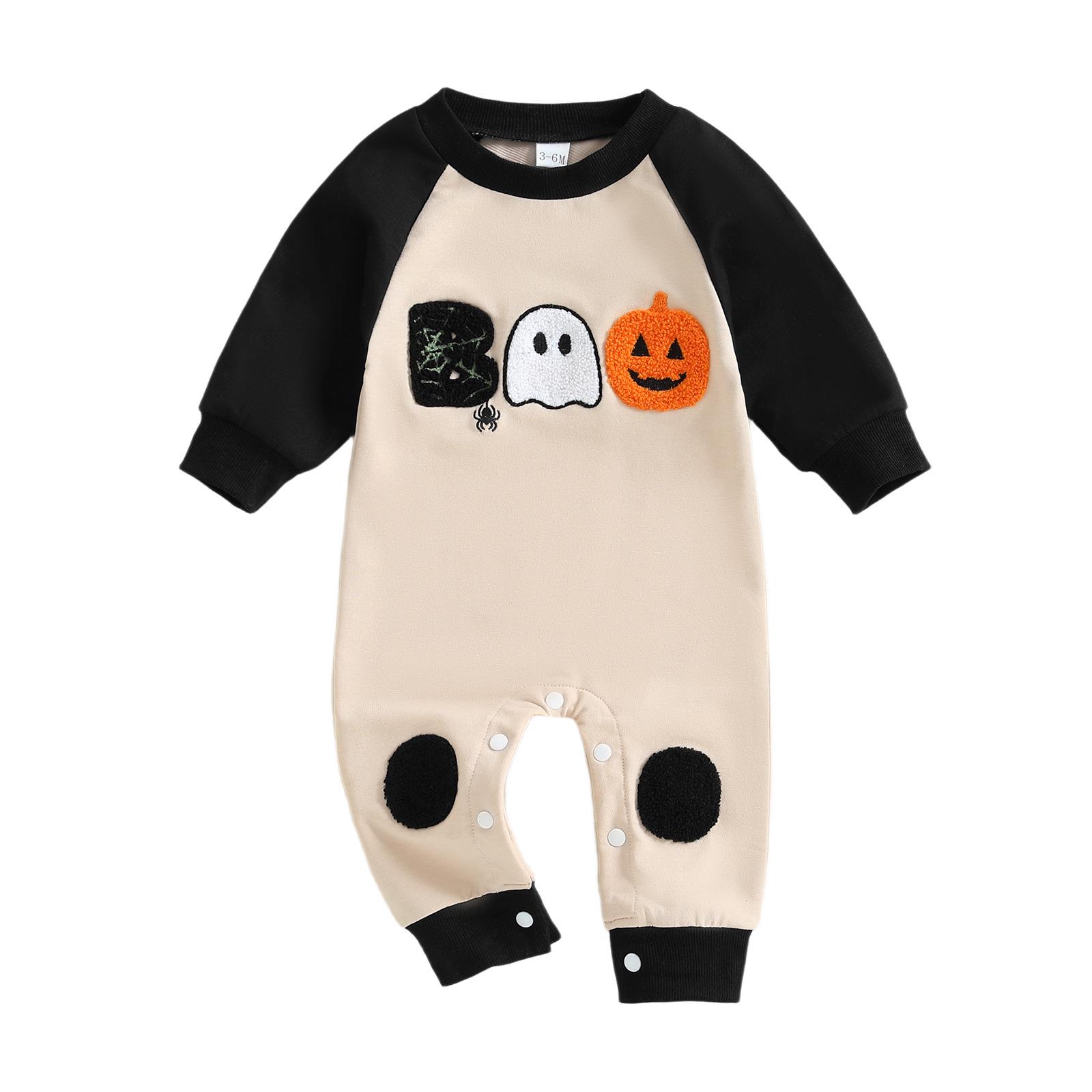 

0-18 Months Halloween Baby Romper - Pumpkin, Ghost, Spider Embroidery, Long Sleeve 0-3M чёрный