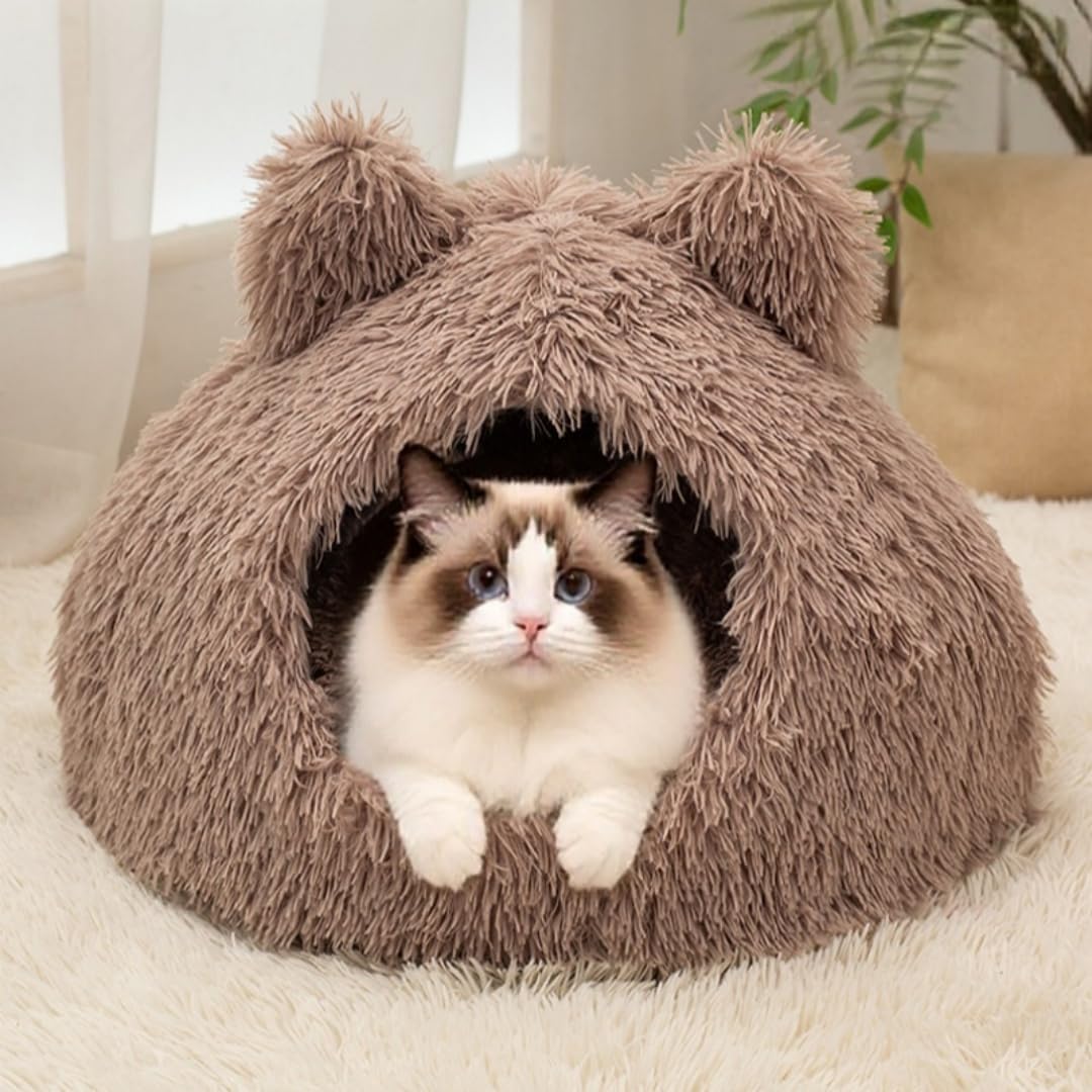 Cute Cat Bed, Plush Cat Cave Bed for Indoor Cats, Self-Warming Cave with Washable Cushion & Anti-Slip Bottom, Cozy Soft Pet Cats House for Kittens 18.8 ×18.8 in коричневый