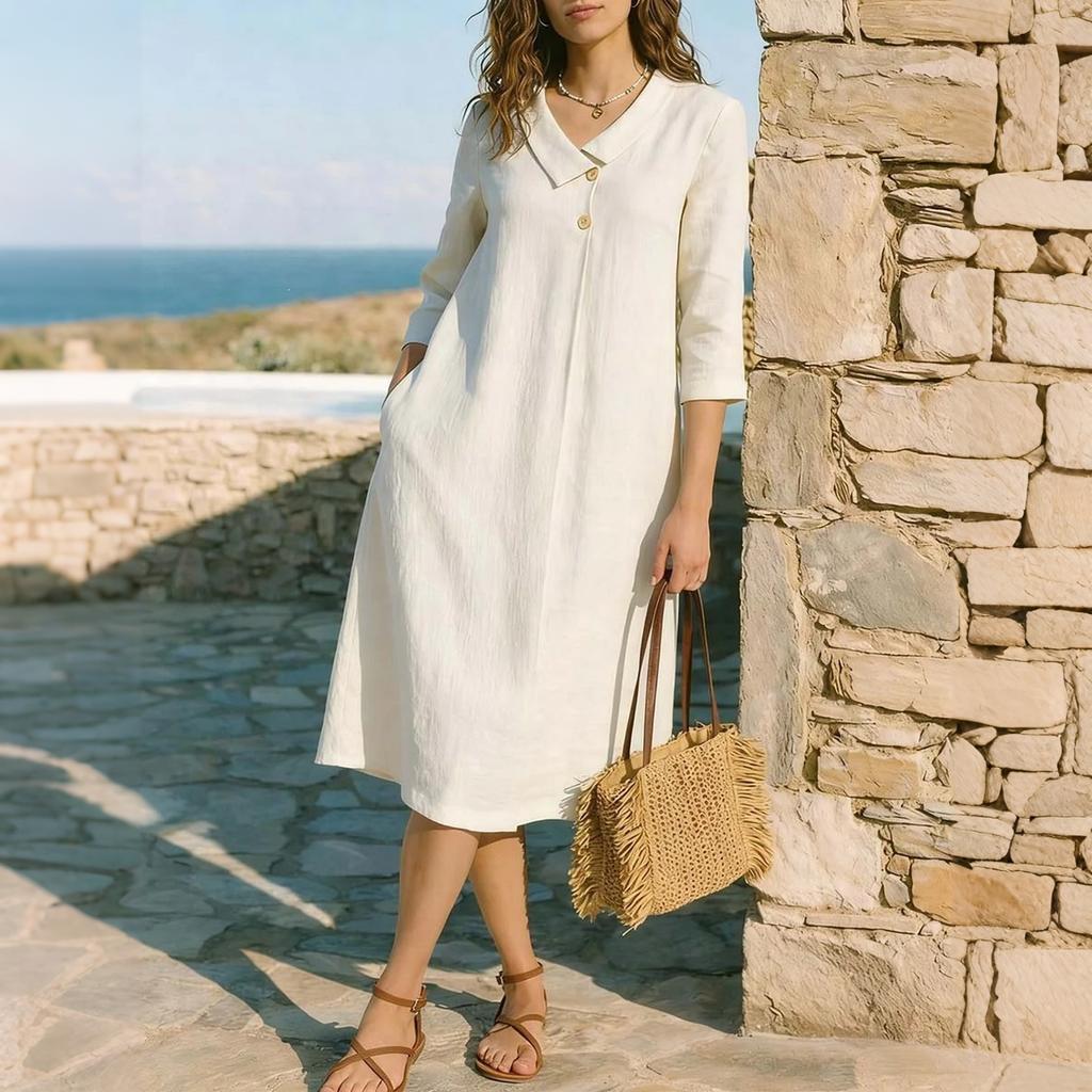 Women Style Lapel Collar Midi Dress Linen Three Quarter Sleeve A Line Vacation Dress with Pockets