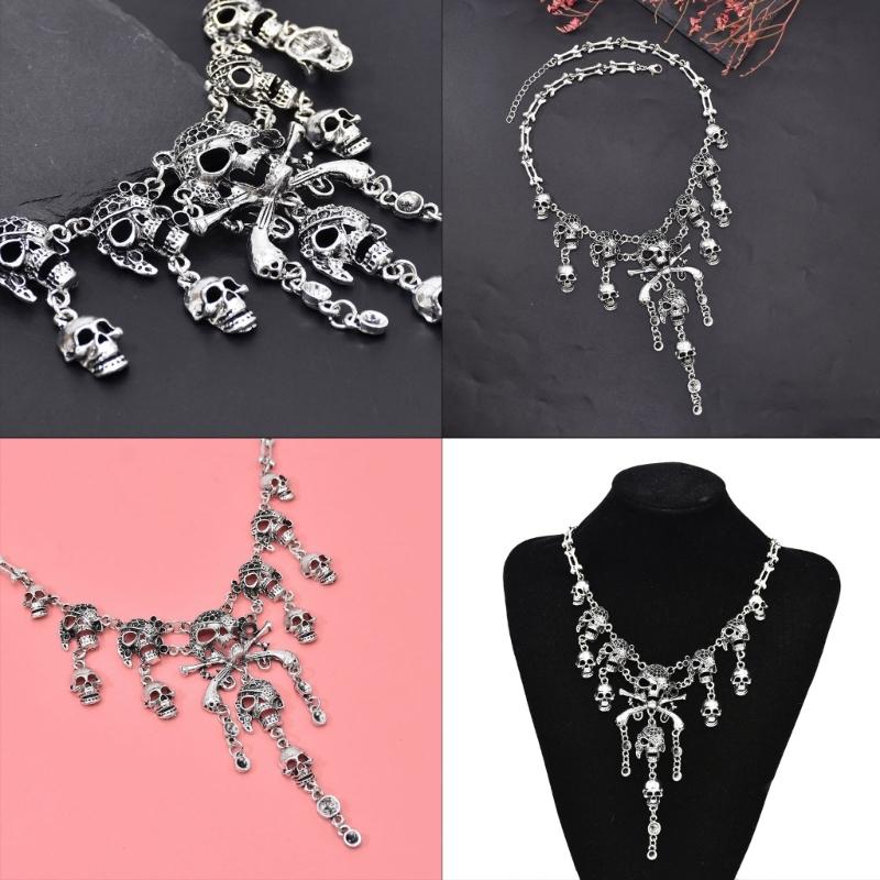 Halloween Pirate Skull Necklace Unisex Personality Skeleton Pendant Bones Chain Alloy Choker Women Jewelry Accessories