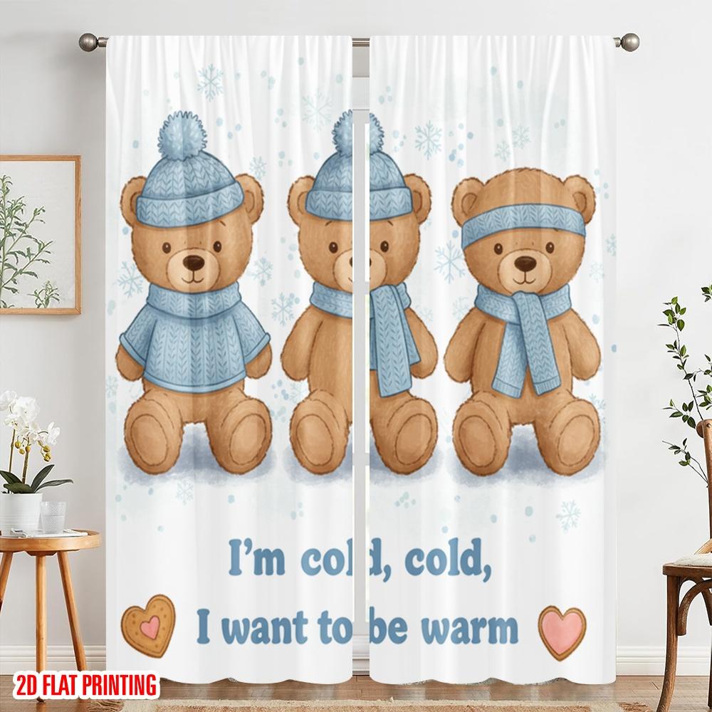 2pcs 2D flat printing Curtains Winter Teddy Bears Cozy Warm Polyester Without Electricity Festive Holiday Perfect for room decor
