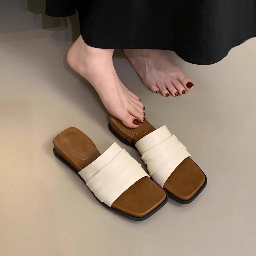 Slope Heel Sandals Women's New Retro Niche Fairy One-word Drag Square Head Thick-soled Slippers