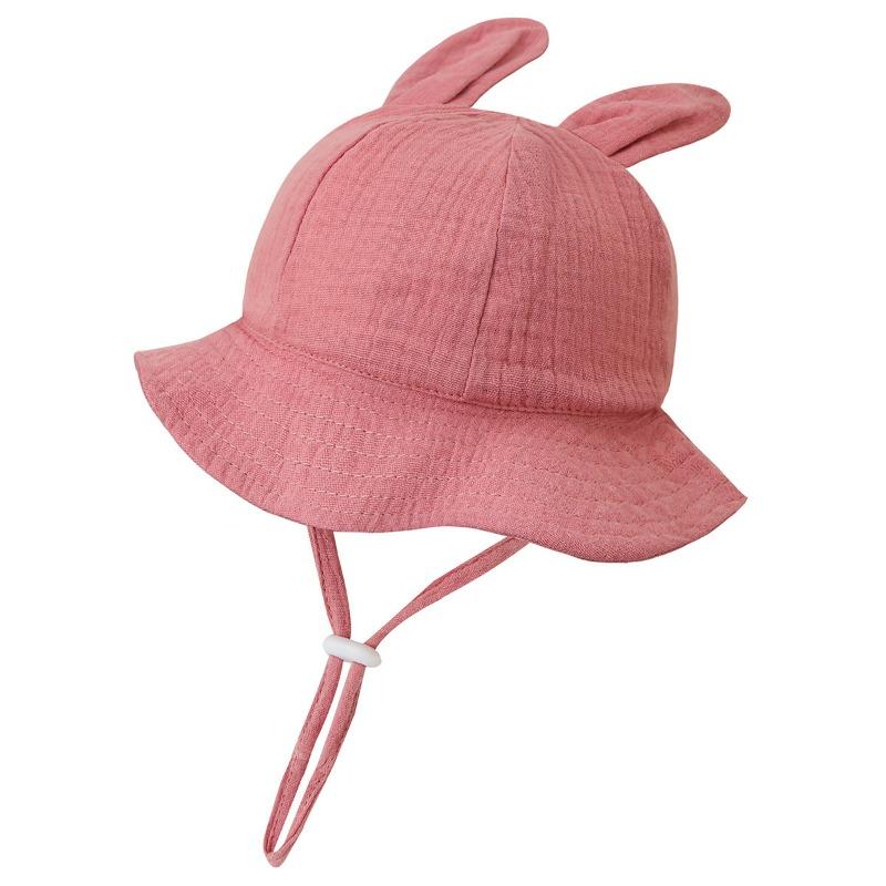 New Baby Gauze Basin Hat Baby Pleated Printed Bucket Hat Rabbit Ear Sun Hat 3-12M