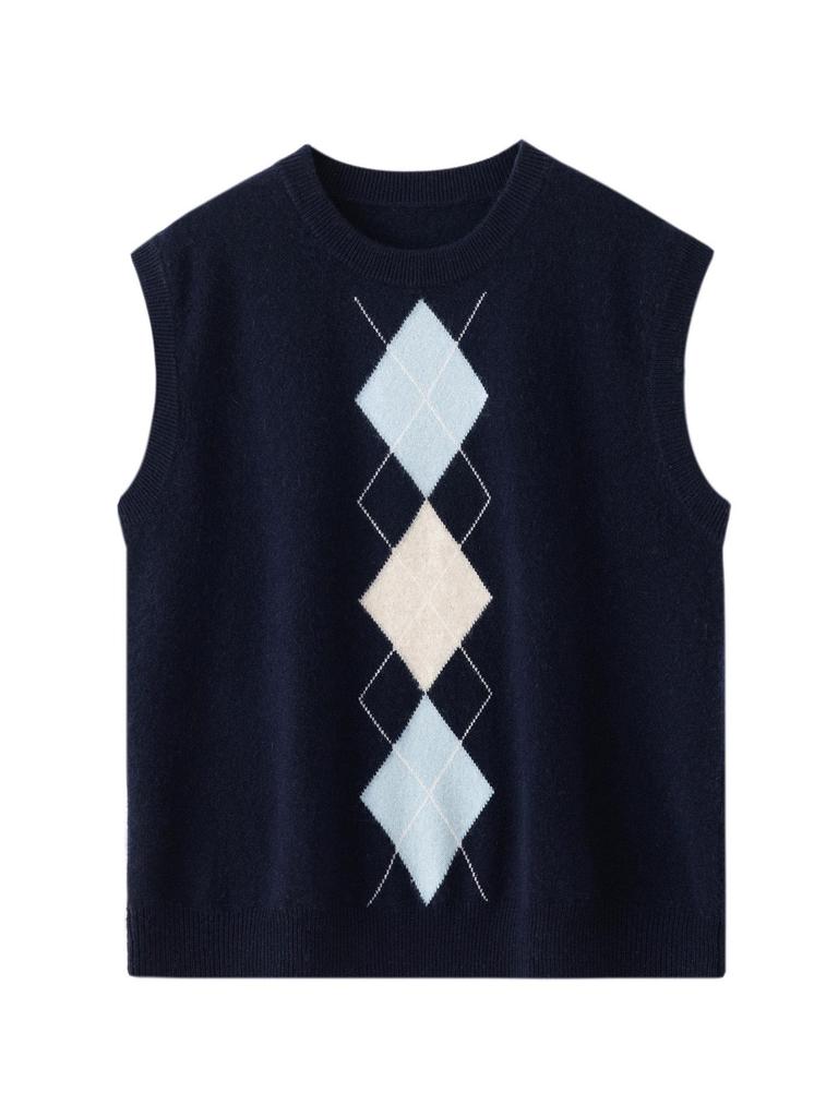 Retro British Diamond Pattern Sleeveless Cashmere Vest