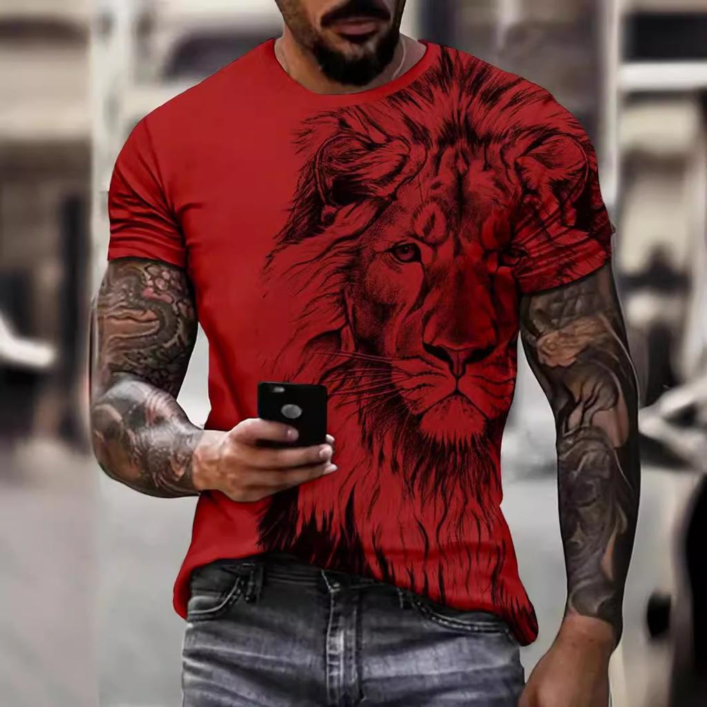 Summer Round Neck 3D Lion Pattern Print Top Fashionable Casual Short Sleeved Men's T-shirts