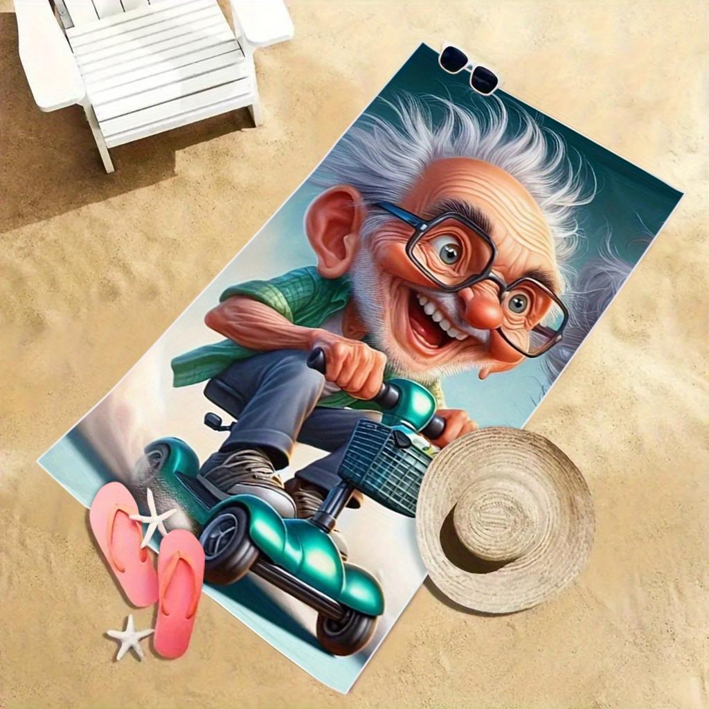 Cute Grandpa Riding Bicycle Microfiber Beach Towel Sports Style All Seasons Quick Dry Absorbent for Swim Camping Travel