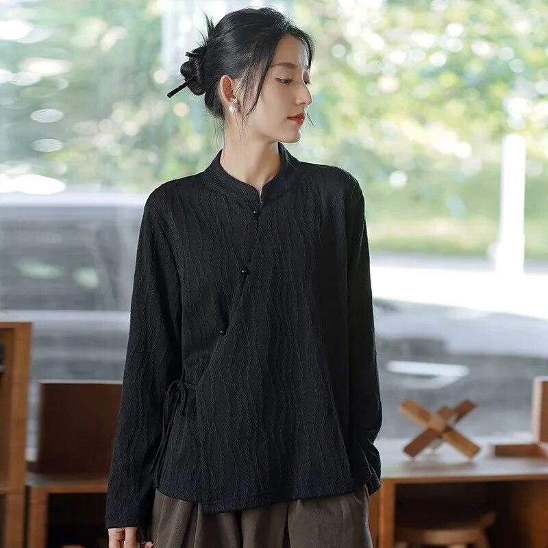 Johnature Chinese Style Vintage Frenulum Jacquard Collar Shirt Autumn Woman Solid Color Long Sleeves Shirt
